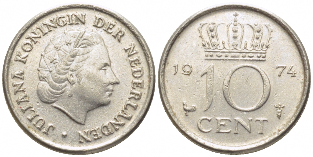 НИДЕРЛАНДЫ 10 ЦЕНТОВ 1974 ЮЛИАНА KM 182 никель 112-348