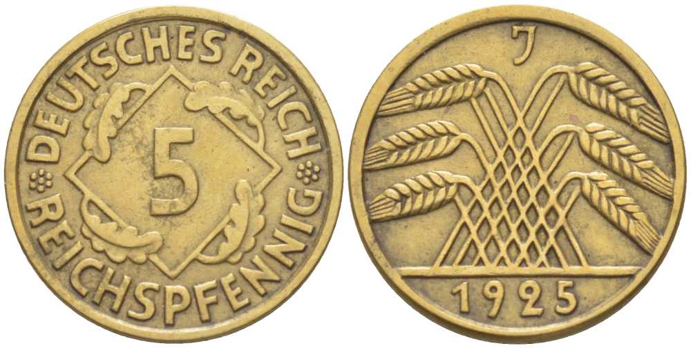 ГЕРМАНИЯ 5 РЕЙХСПФЕННИГОВ 1925 J KM 39, J. 316 алюминиевая бронза 206-1118