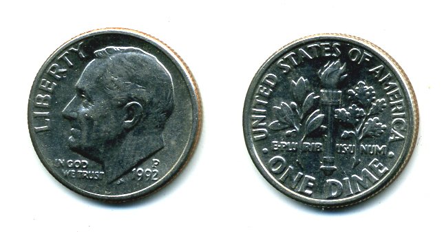 США 10 ЦЕНТОВ = 1 ДАЙМ 1992 D, РУЗВЕЛЬТ KM 195а медь плакированная медно-никелем 46-2527