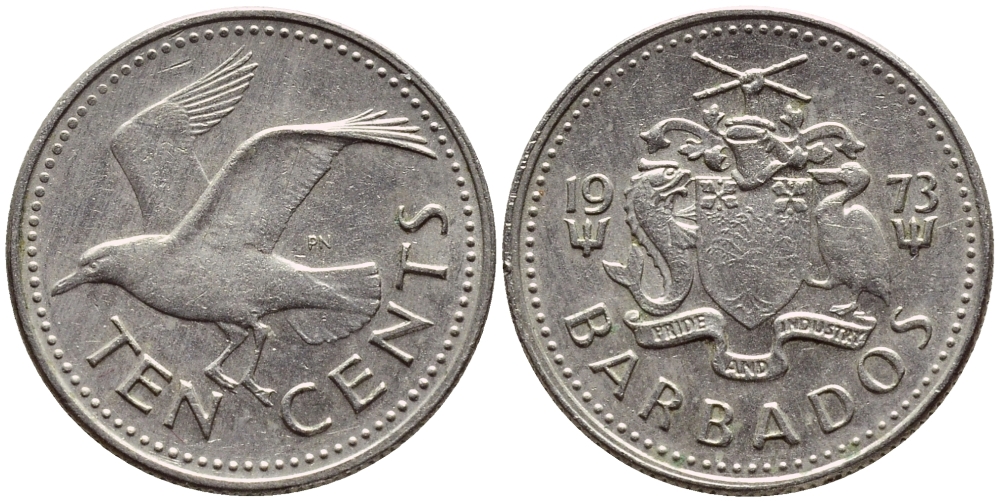 Барбадос 10 центов 1979 смеющаяся (Ацтекская) чайка KM 12 медно-никель 4396-1216
