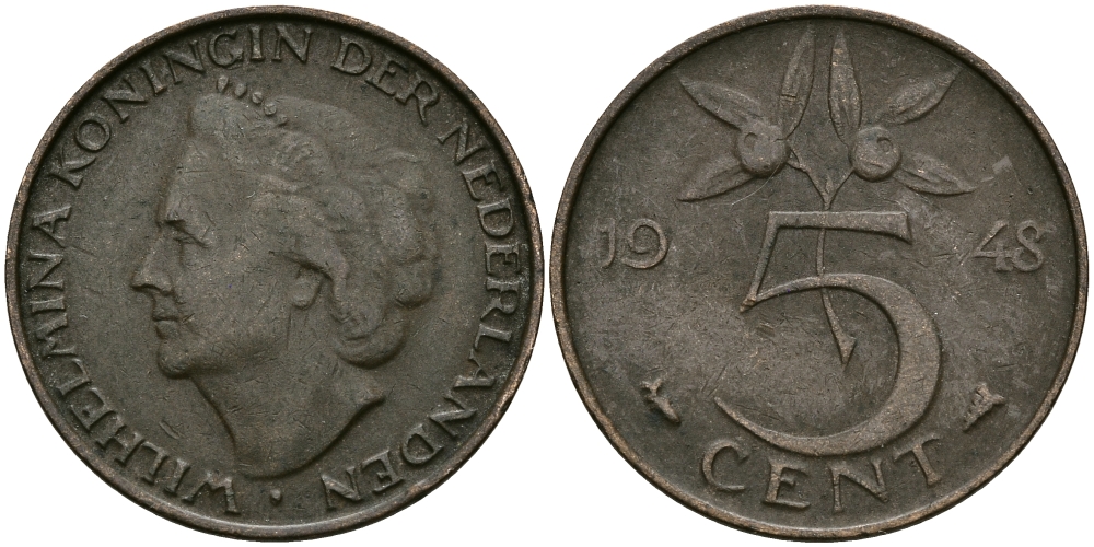 НИДЕРЛАНДЫ 5 ЦЕНТОВ 1948 ВИЛЬГЕЛЬМИНА KM 176 бронза 95-234