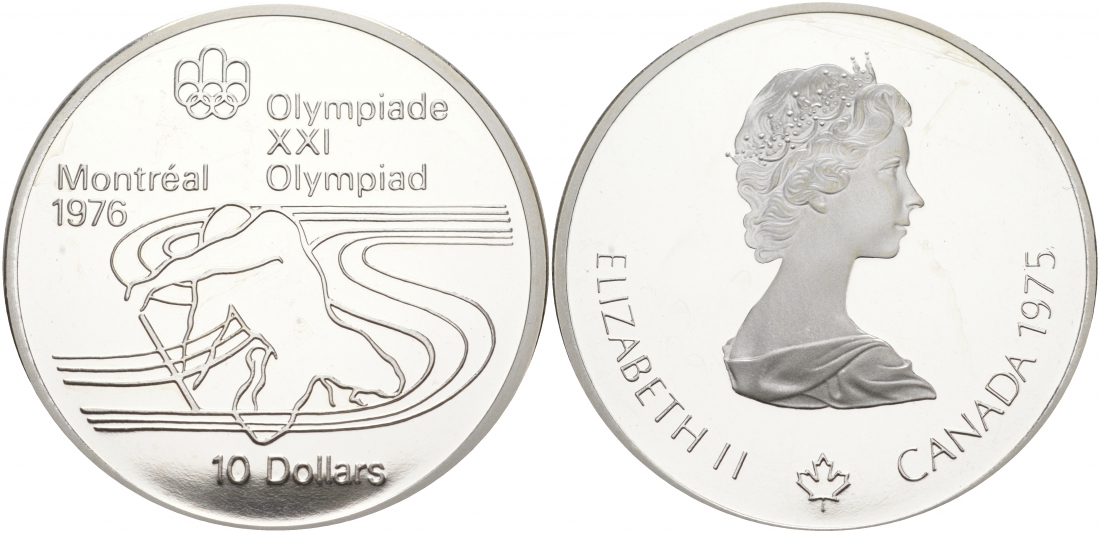 Канада 10 долларов 1975 XXI летние Олимпийские игры в Монреале 1976 года, гребля на каяке KM 105 серебро PROOF 01-172-23