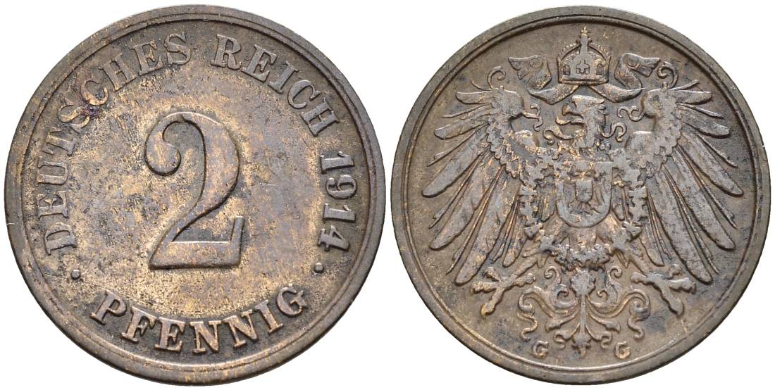 ГЕРМАНИЯ 2 ПФЕННИГА 1914 G KM 16, Jager 11, Weege 4 медь 4546-736