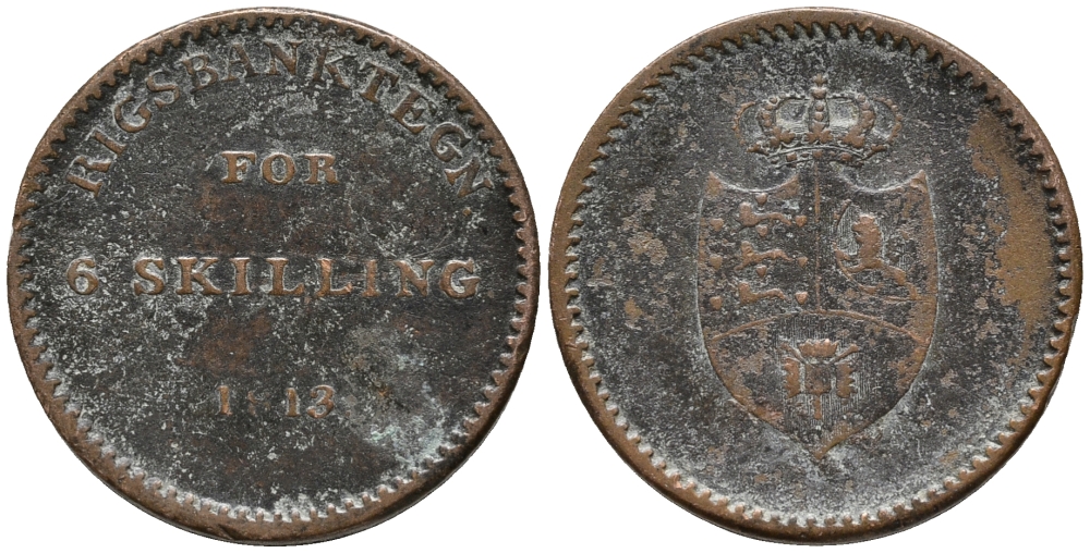 ДАНИЯ 6 СКИЛЛИНГОВ 1813 БАНКОВСКИЙ ТОКЕН KM Tn 1 (681) медь 67-211