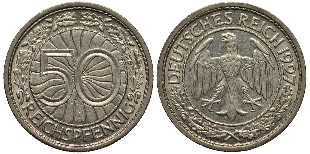 Германия 50 рейхспфеннигов 1927 А KM 49 J. 324 никель  UNC  441-123
