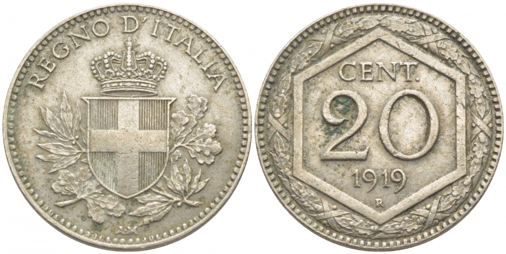 ИТАЛИЯ 20 ЧЕНТЕЗИМО 1919 KM 58 медно-никель 3856-922