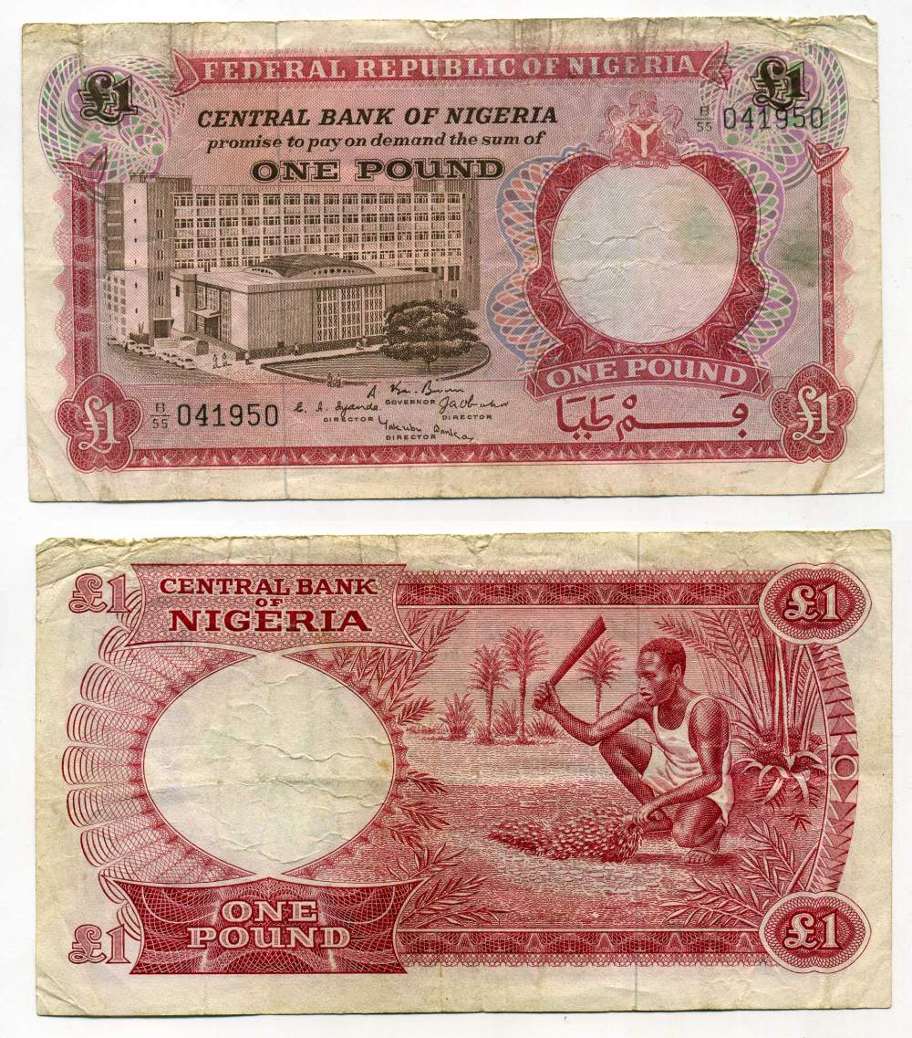 Нигерия 1 фунт 1967 Центральный банк в Лагосе Pick 8 бумага 8595-10-2-1