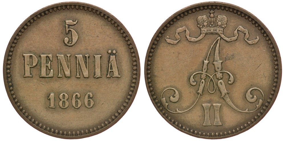 РОССИЯ ДЛЯ ФИНЛЯНДИИ 5 ПЕННИ 1866 Биткин 658 медь 633-1632