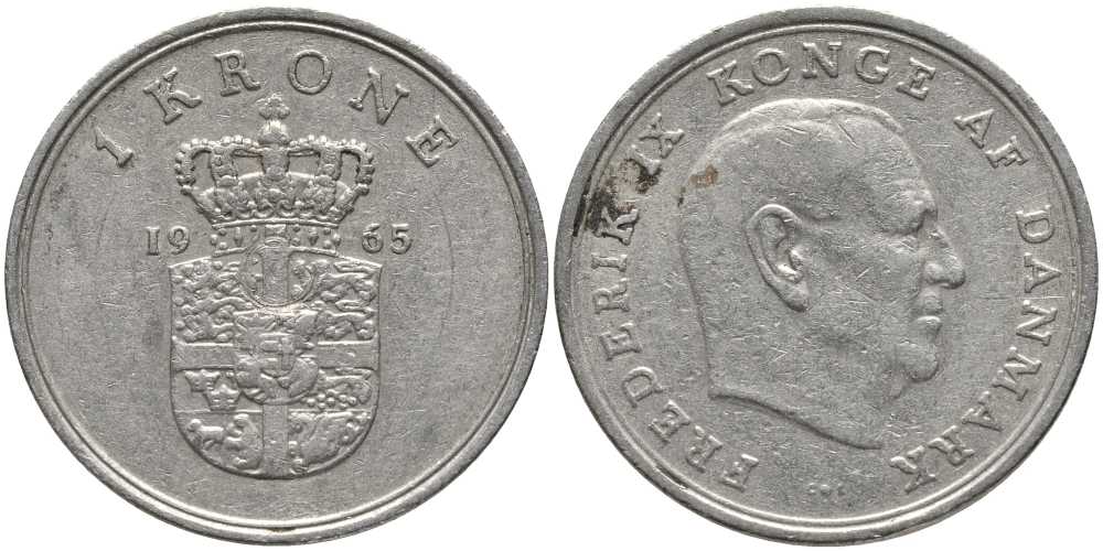 ДАНИЯ 1 КРОНА 1965 C;S, ФРЕДЕРИК IX (1947-1972) KM 851.1 медно-никель 113-856