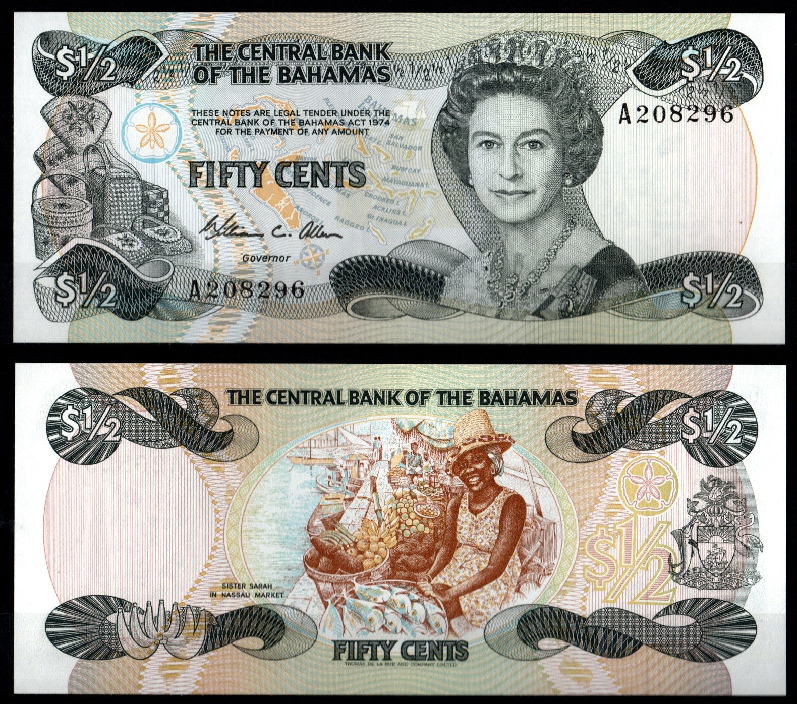 Багамские острова (Багамы) 1/2 доллара 1974 (1984) Pick 42 бумага UNC (пресс) 8605-18-3-1