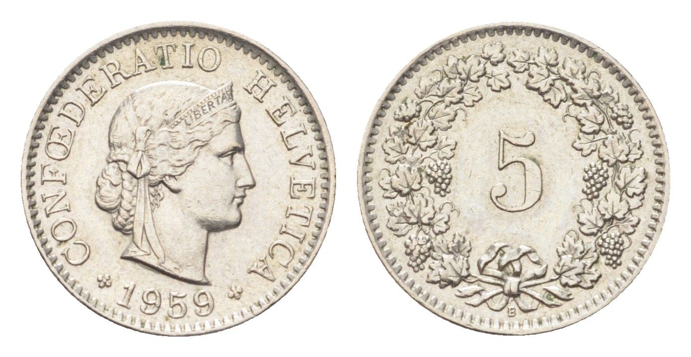 Швейцария 5 раппенов 1959 B KM 26 медно-никель 4705-1252