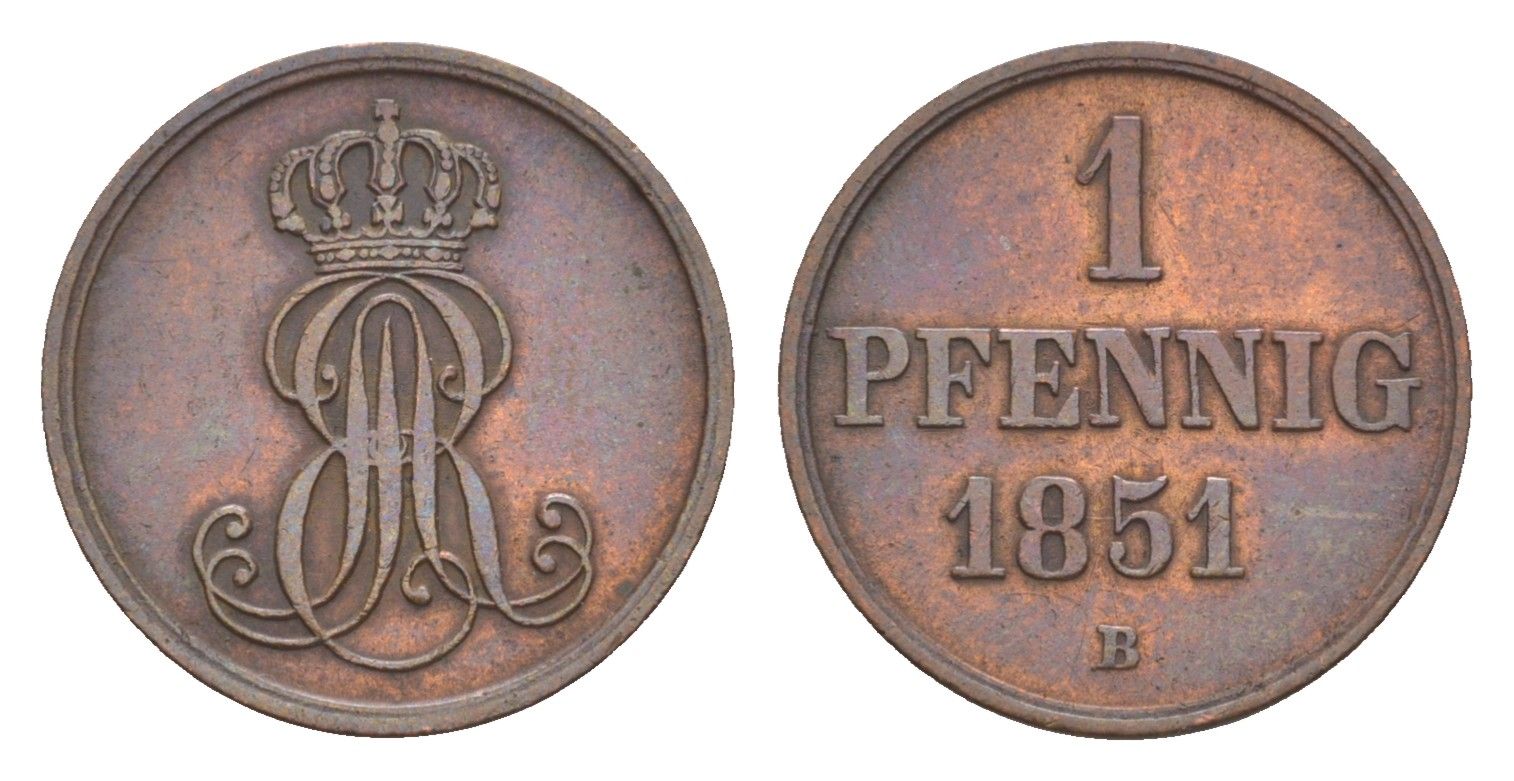 Ганновер 1 пфенниг 1851 B, Эрнст Август I (1837-1851) KM 201.1, AKS 129, J. 74 медь    4658-1055