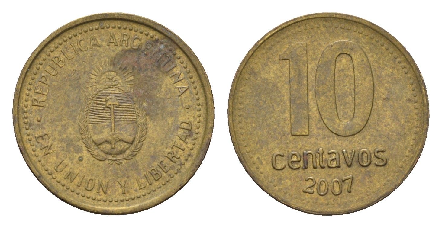 Аргентина 10 сентаво 2007 KM 107a сталь плакированная латунью 4702-529