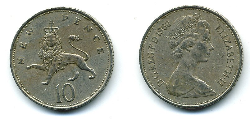 Великобритания 10 пенсов 1968 Елизавета II (1952-2022) KM 912, Spink 4231 (F1) медно-никель  4110-1125