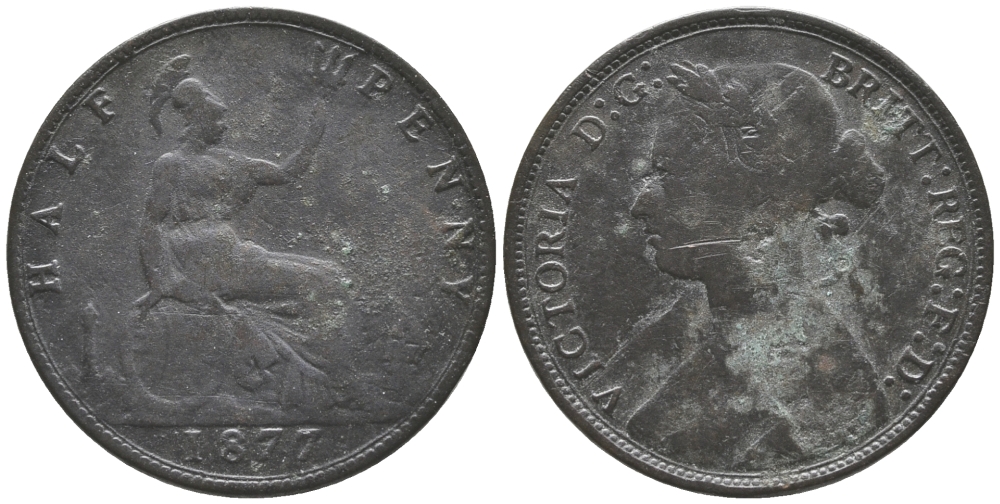 Великобритания 1/2 пенни 1877 Виктория (1837-1901) KM 754, Spink 3956 бронза 34-143