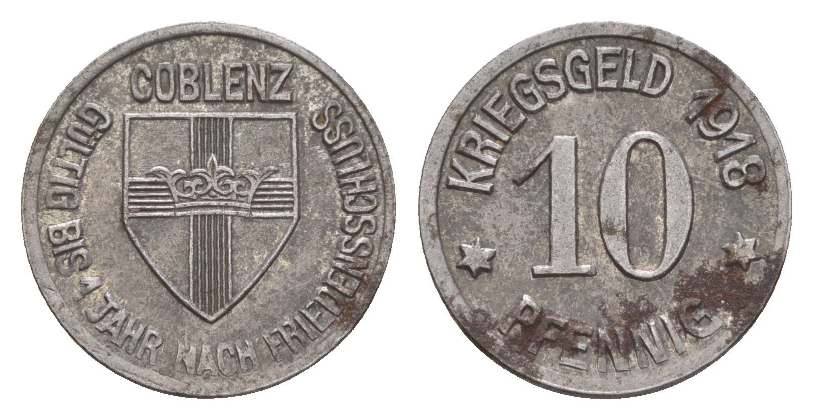 Кобленц 10 пфеннигов 1918 Funck 80.1A, Men05 4526.1, Men18 5727.1 железо 4659-317