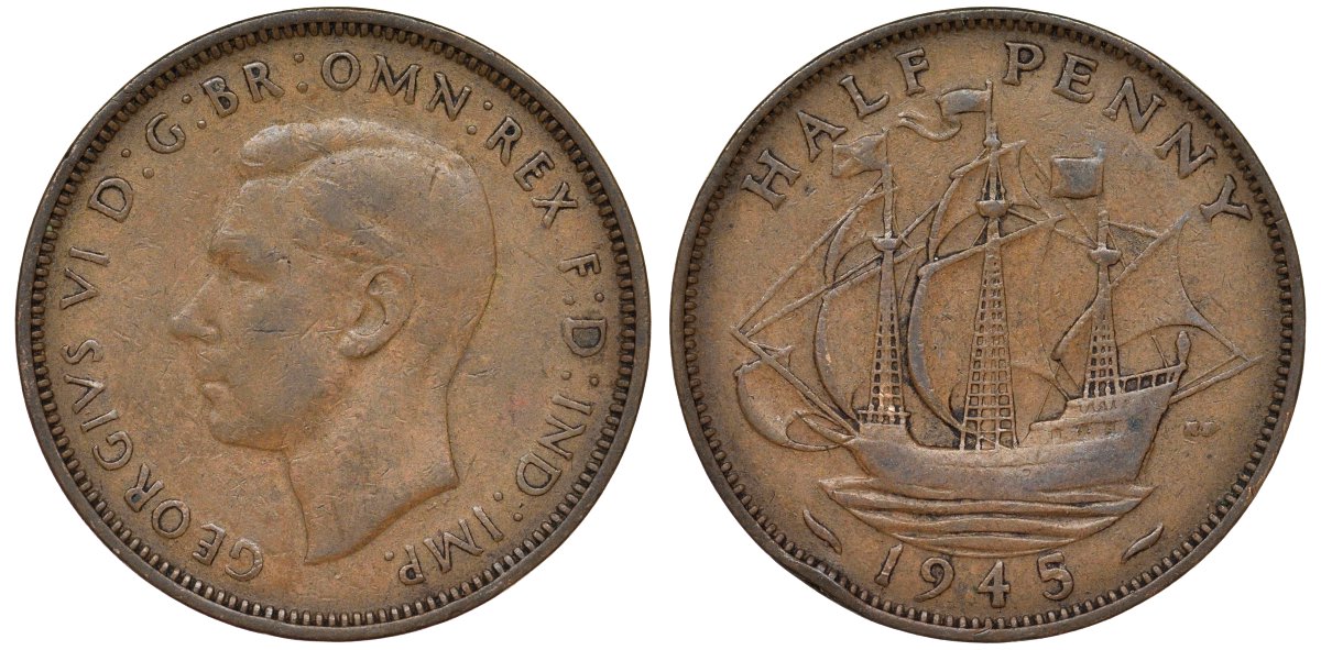 Великобритания 1/2 пенни 1945 Георг VI (1936-1952) KM 844, Spink 4115 бронза 4128-854