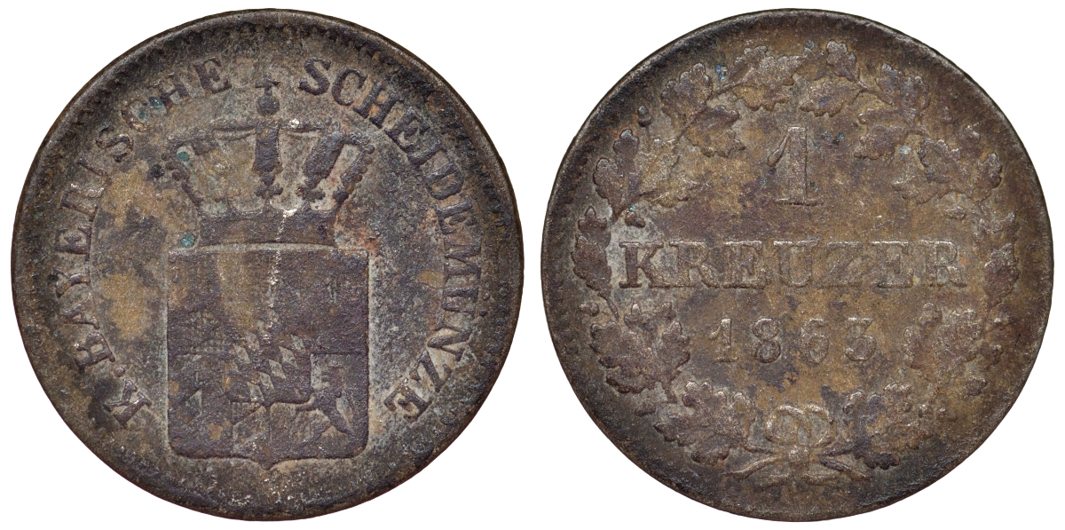 Бавария 1 крейцер 1863 Максимилиан II (1848-1864) KM 473 серебро 71-561