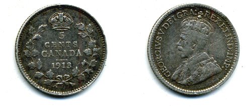 КАНАДА 5 ЦЕНТОВ 1913 ГЕОРГ V серебро 46-562