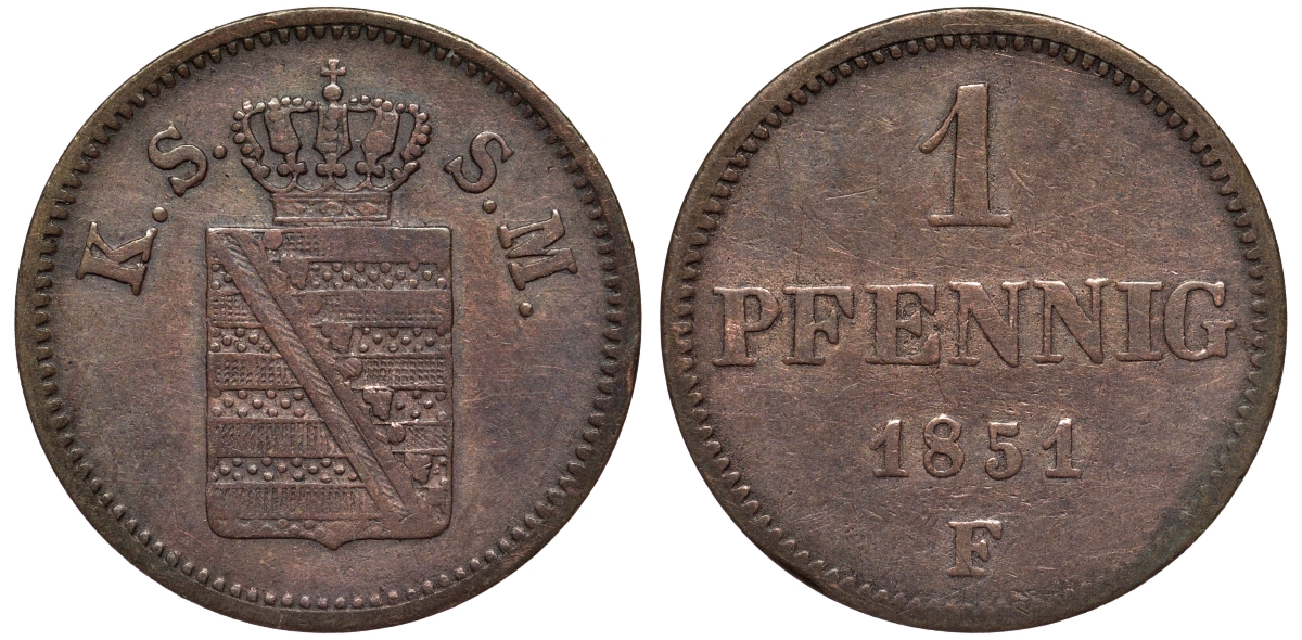САКСОНИЯ 1 ПФЕННИГ 1851 F KM 1155 медь 75-1122