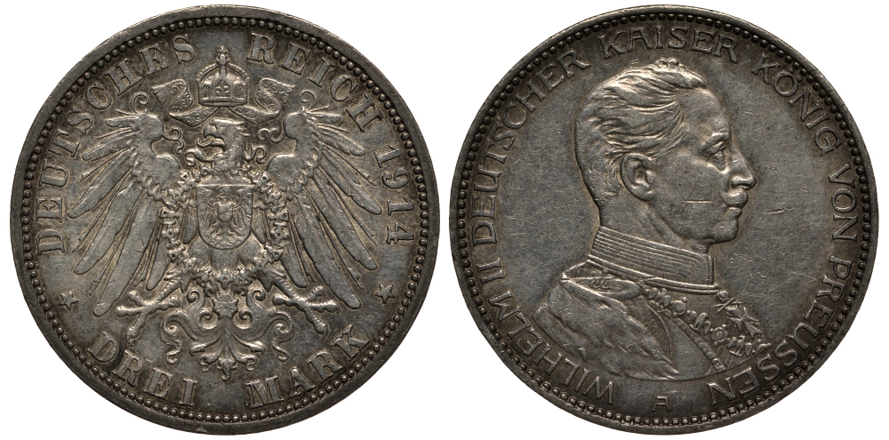 Пруссия 3 марки 1914 Вильгельм II (1888-1918) в мундире KM 538, J.113 серебро 3711-625