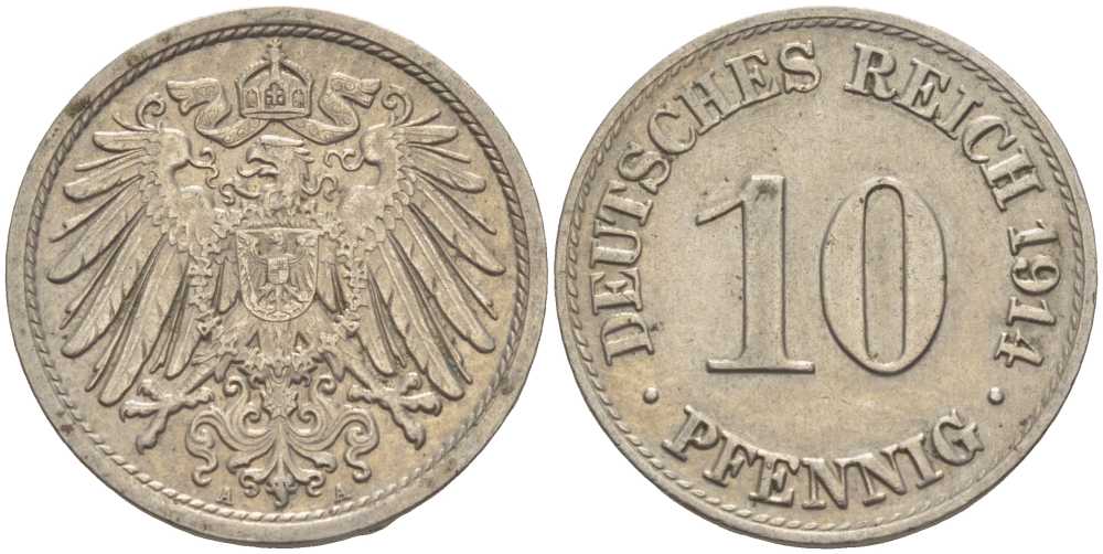ГЕРМАНИЯ 10 ПФЕННИГОВ 1914 A KM 12, J. 13 медно-никель 33-955