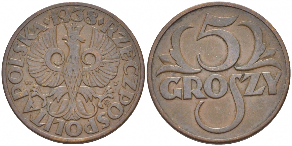 ПОЛЬША 5 ГРОШЕЙ 1938 w KM 10а бронза 112-1157