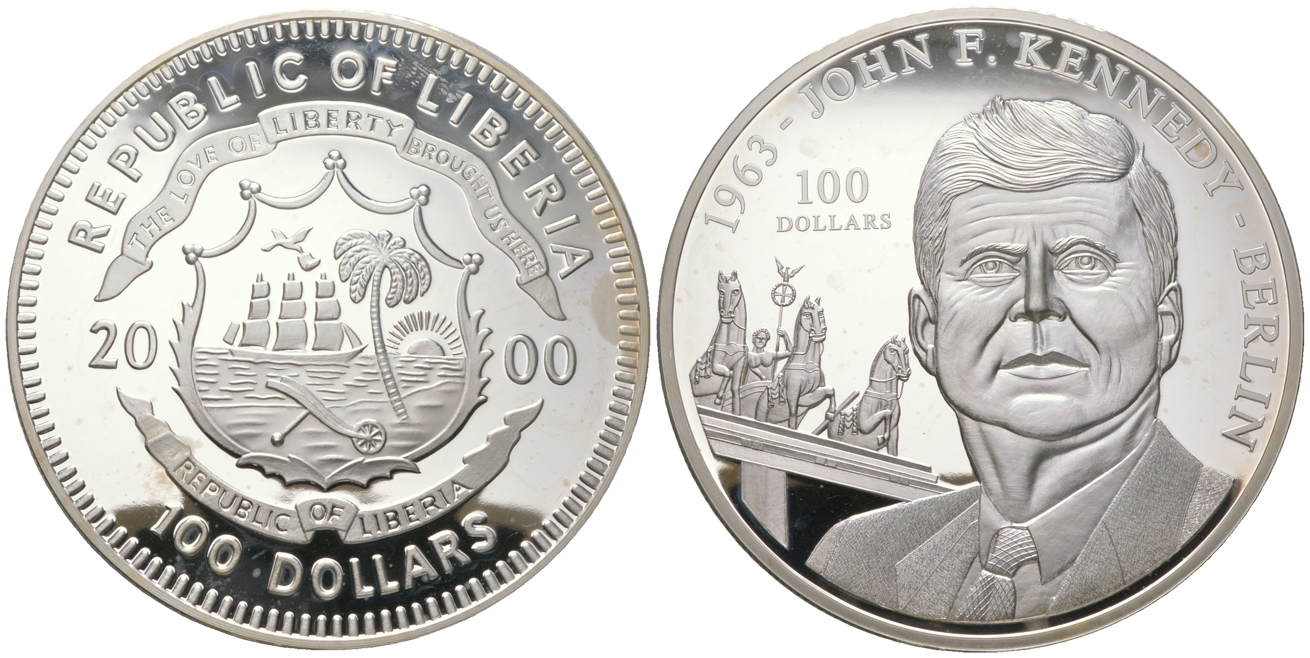 Либерия 100 долларов 2000 Джон Кеннеди, историческая речь в Берлине в 1963 году, Бранденбургские ворота, диаметр 80 мм., вес  250 грамм  серебро  PROOF  11-169-22-1