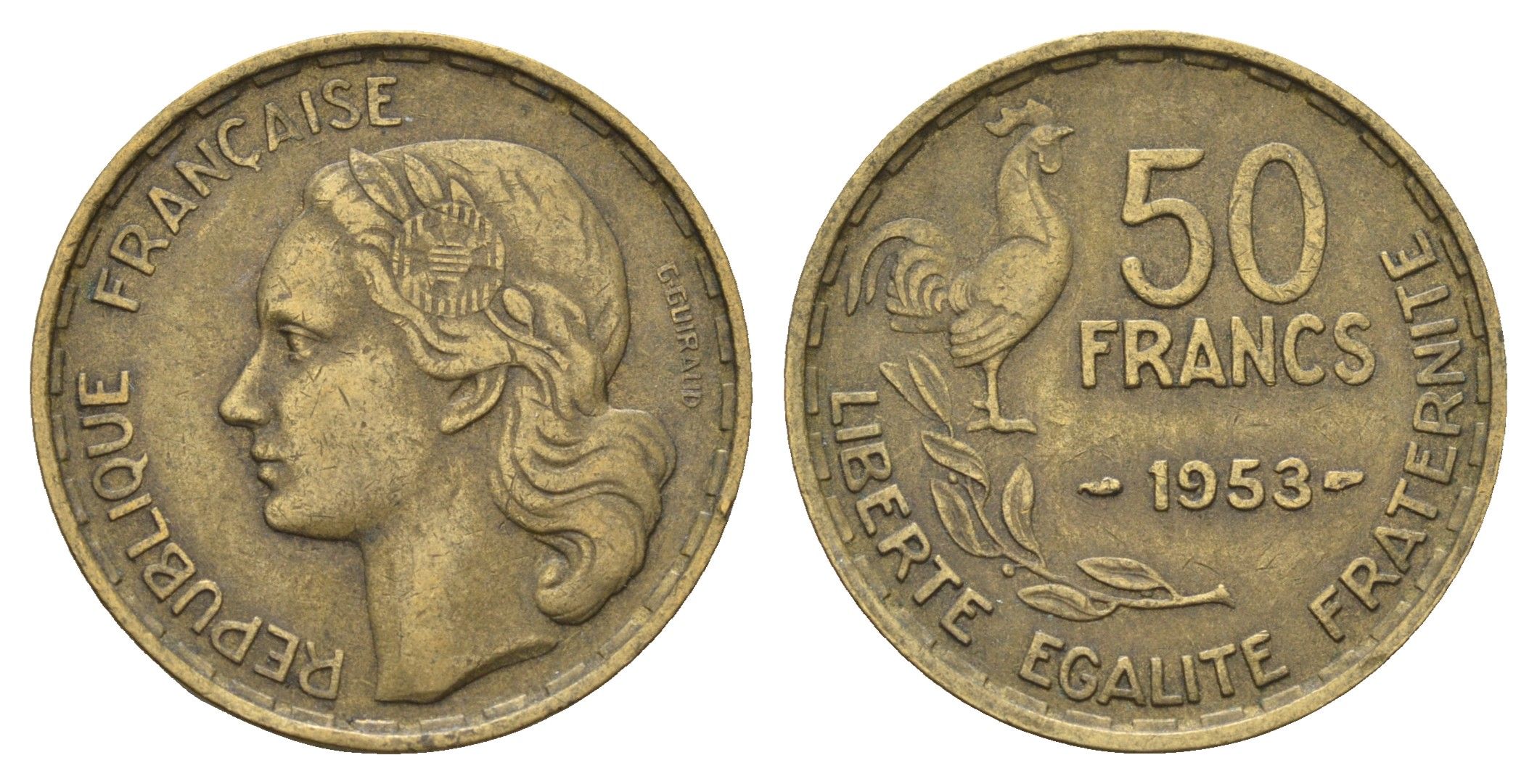 Франция 50 франков 1953 KM 918.1 алюминиевая бронза 4673-1152