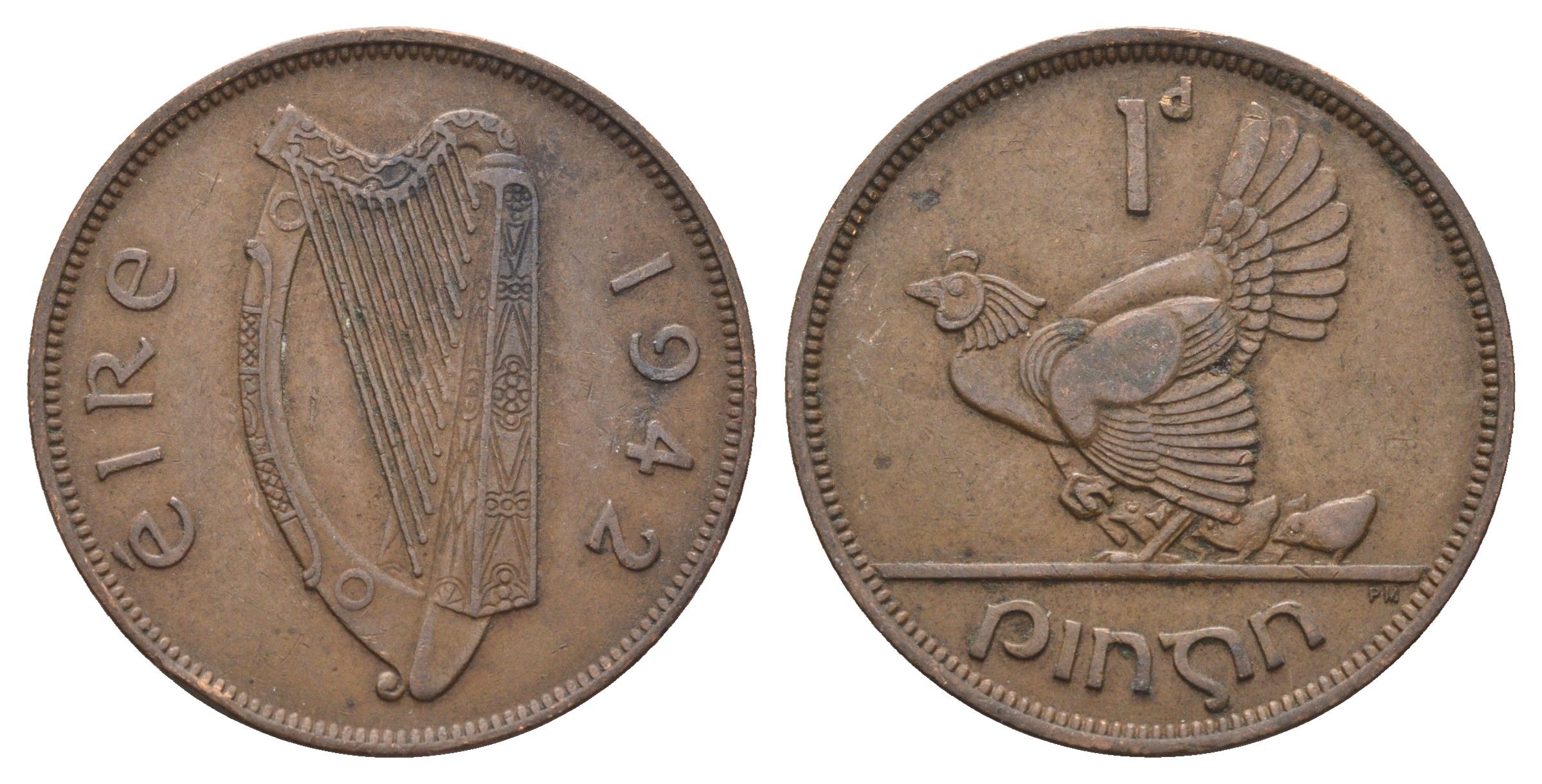 Ирландия 1 пенни 1942 курица с цыплятами KM 11 бронза 4661-325