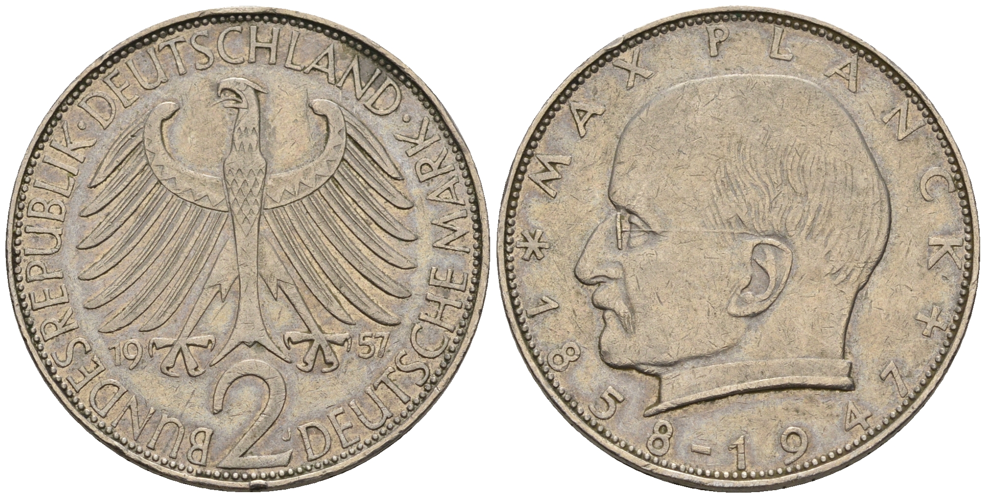 ФРГ 2 марки 1957 J , Макс Планк KM 116, J. 392 медно-никель плакированный никелем 60-1232