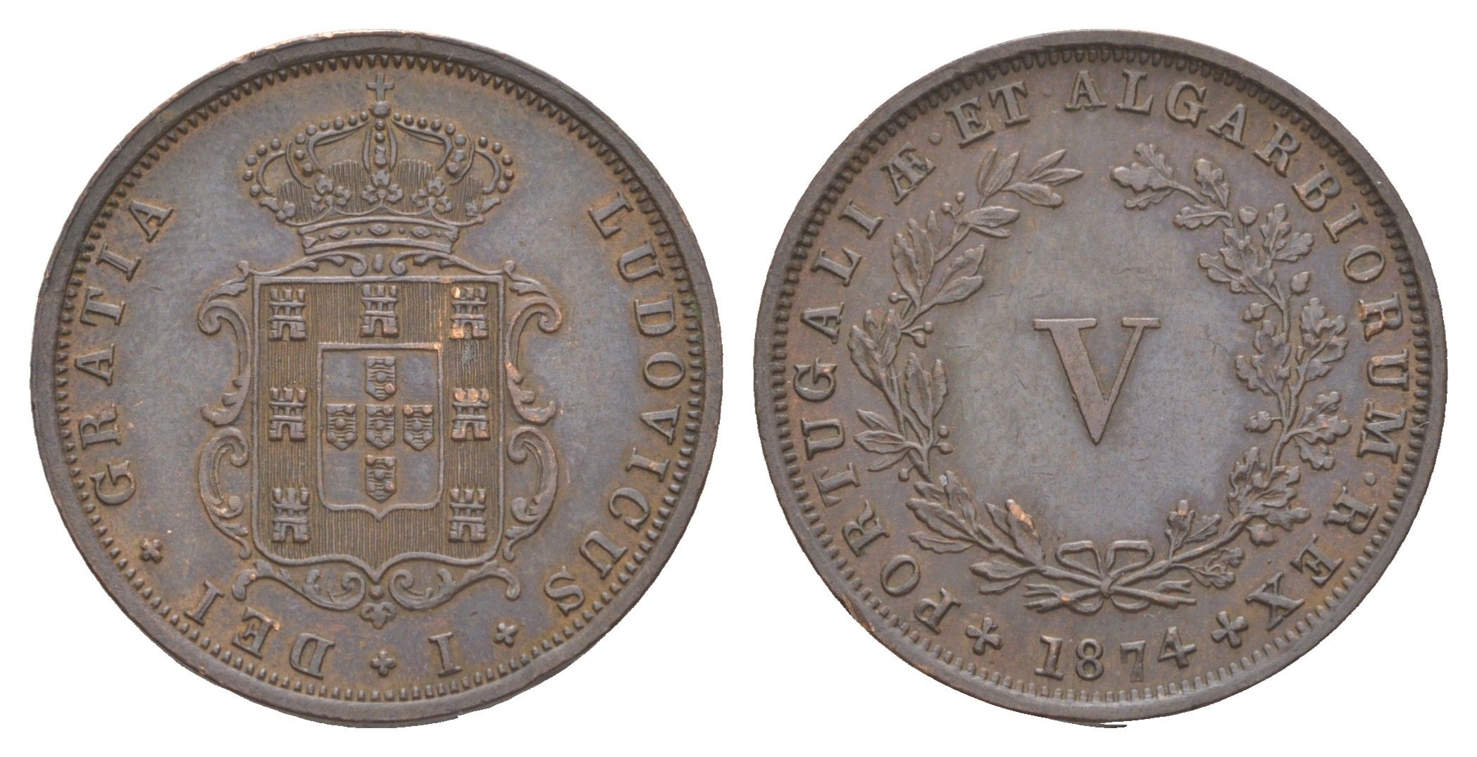 Португалия 5 реалов 1874 Луиш I (1861-1889) KM 513 медь 4127-644