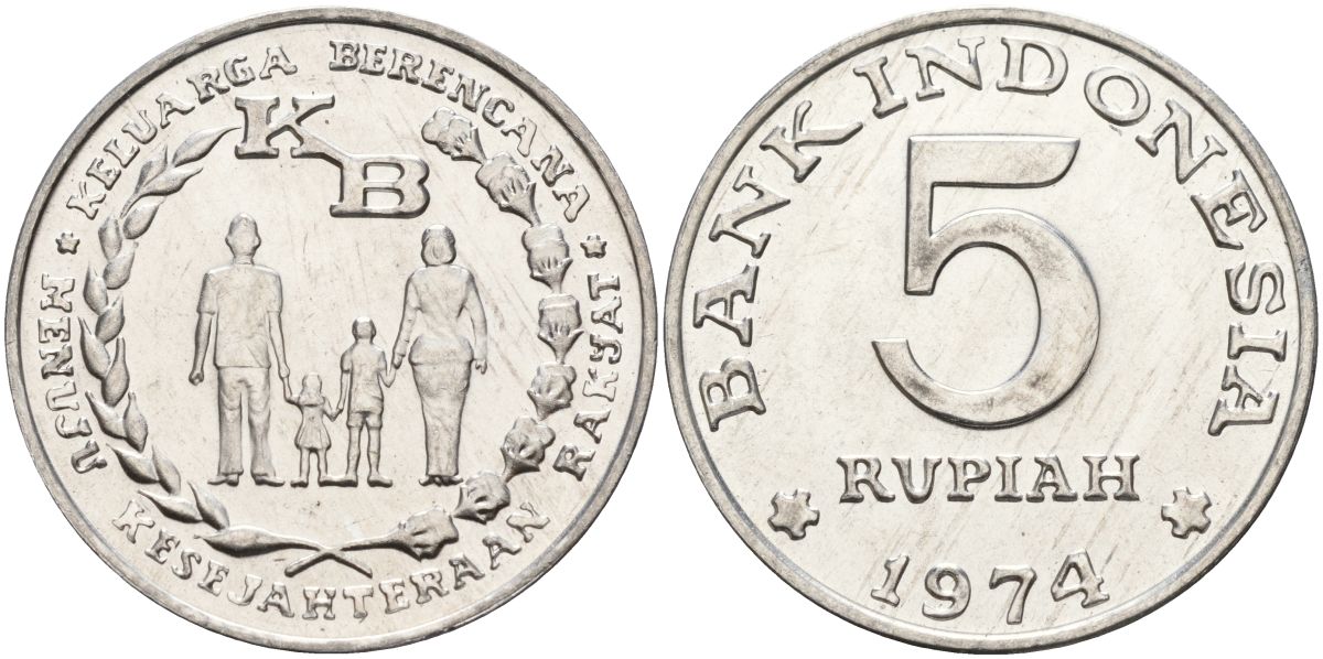 Индонезия 5 рупий 1974 FAO, программа планирования семьи KM 37 алюминий UNC 4149-633