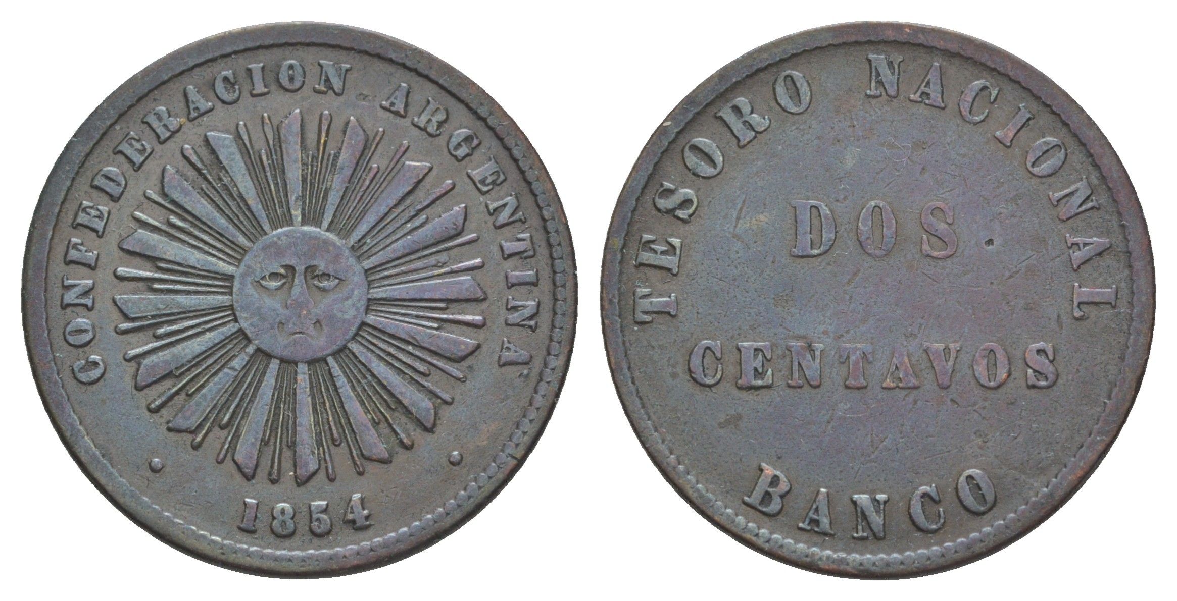 Аргентина 2 сентаво 1854 Аргентинская конфедерация KM 24 медь 413-615