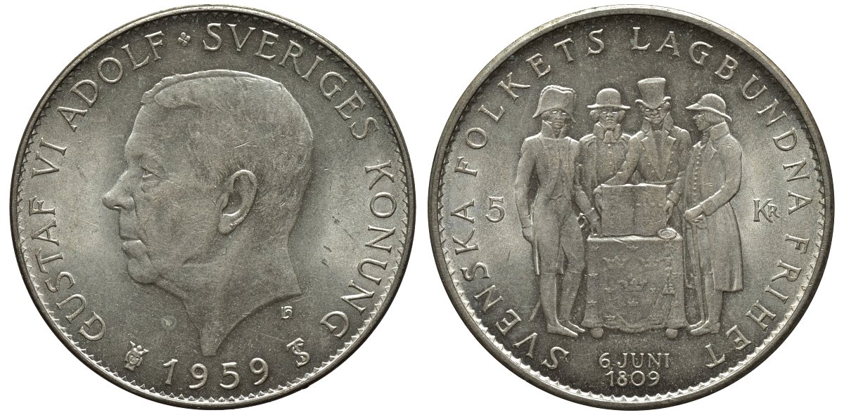 Швеция 5 крон 1959 TS, Густав VI Адольф (1950-1973), 150 лет акта о Правительстве 1809 года KM 830 серебро UNC 35-231