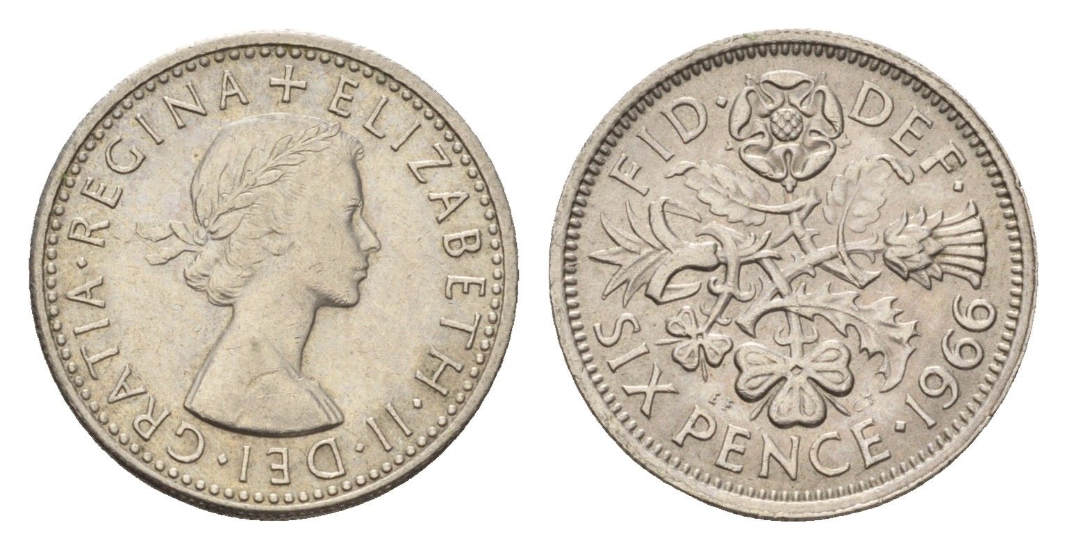 Великобритания 6 пенсов 1966 Елизавета II (1952-2022) KM 903, Spink 4149 медно-никель 192-148