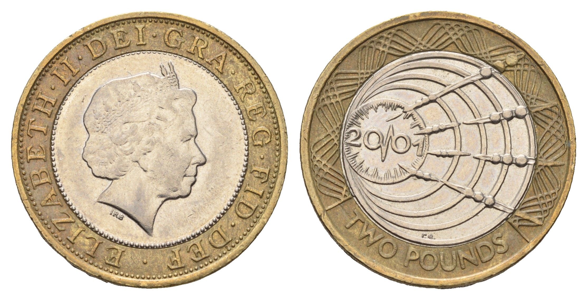 Великобритания 2 фунта 2001 Елизавета II (1952-2022), столетие трансатлантическому радио KM 1014, Spink 4572 (K11) биметалл 4111-445