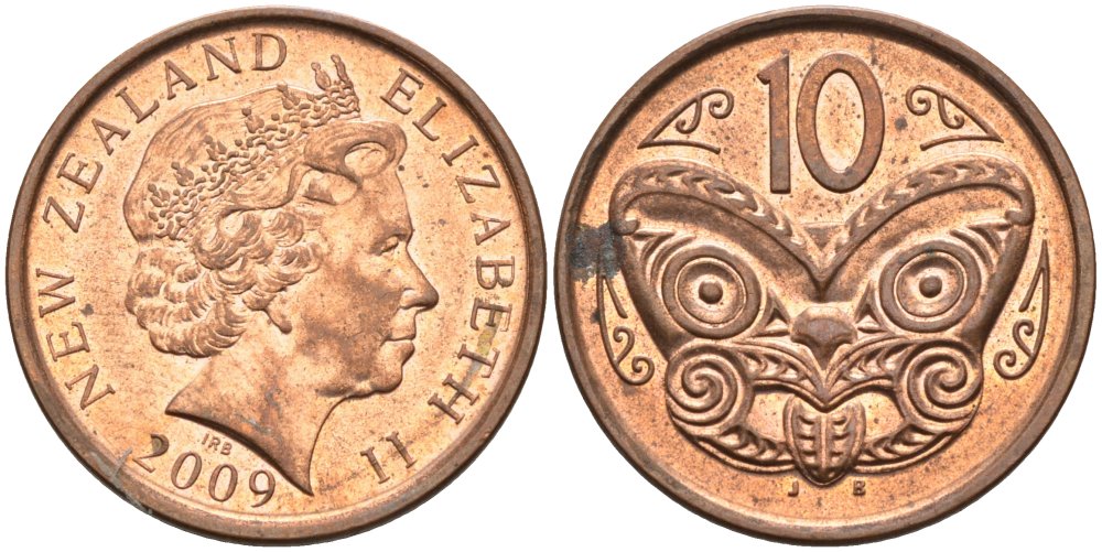 Новая Зеландия 10 центов 2009 маска Маори, Елизавета II (1952-) KM 117а сталь плакированная медью 4114-226