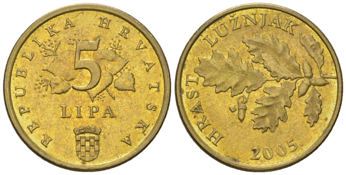 Хорватия 5 лип 2005 нечетный год KM 5 сталь плакированная латунью  aUNC  4124-942