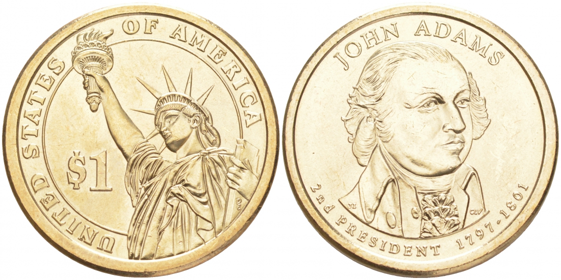 США 1 доллар 2007 P, серия президенты США, Джон Адамс (1797-1801) KM 402 медь с марганцево-латунным покрытием UNC M31-05