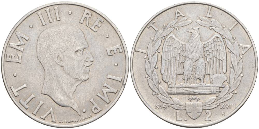 ИТАЛИЯ 2 ЛИРЫ 1939 R, ГОД XVIII, ВИКТОР ЭММАНУИЛ III (1900-1946), МАГНИТНАЯ, ГУРТ РИФЛЁНЫЙ KM 78b, VEM3. 1152 нержавеющая сталь 3855-226