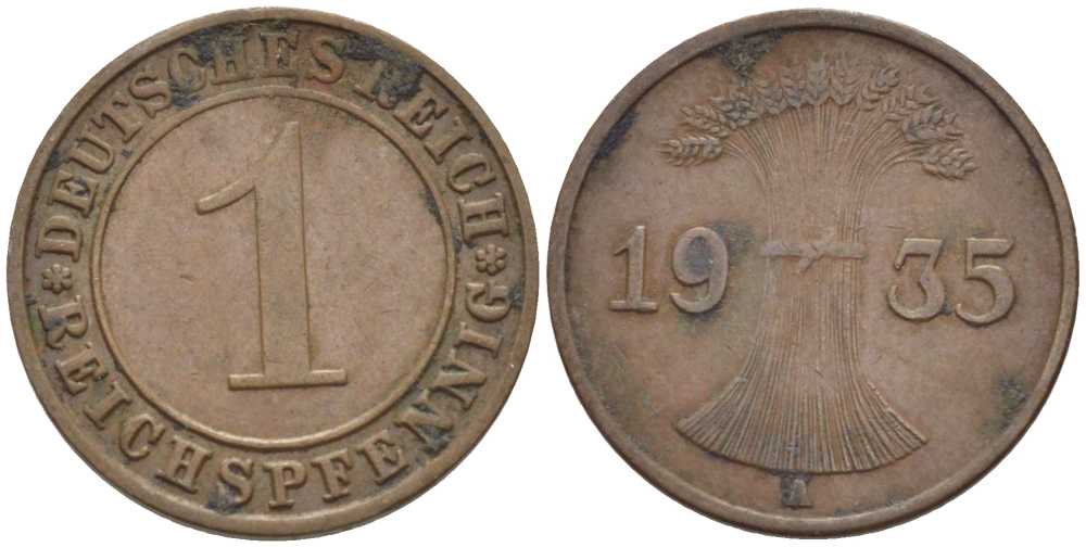 ГЕРМАНИЯ 1 РЕЙХСПФЕННИГ 1935 A KM 37, J. 313, Weege 2 бронза 211-128
