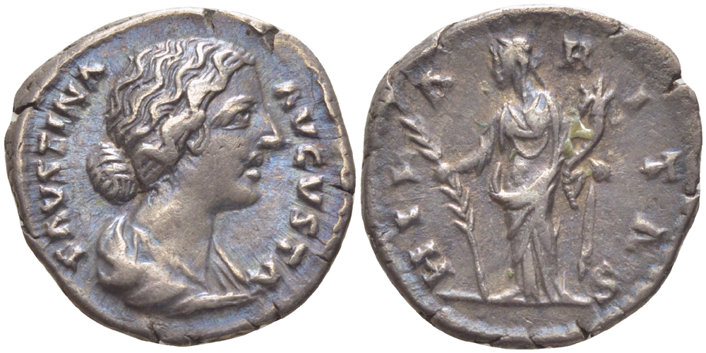 Римская Империя денарий 161 - 175 Фаустина Младшая, жена Марка Аврелия, FAVSTINA AVGVSTA, бюст императрицы / HILARITAS, Юнона, Рим, 3,39 гр RIC 684 серебро 1073-18-53