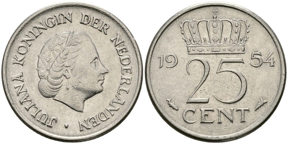 НИДЕРЛАНДЫ 25 ЦЕНТОВ 1954 ЮЛИАНА KM 183 никель 96-129