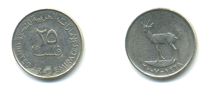 ОАЭ 25 филсов 2007 антилопа KM 4 медно-никель 3999-734
