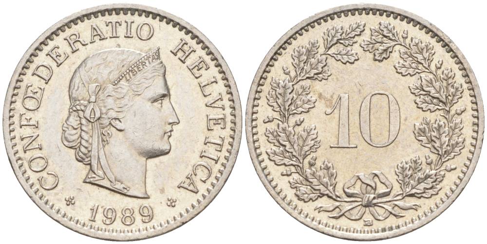 ШВЕЙЦАРИЯ 10 РАППЕНОВ 1989 В KM 27 медно-никель 55-527