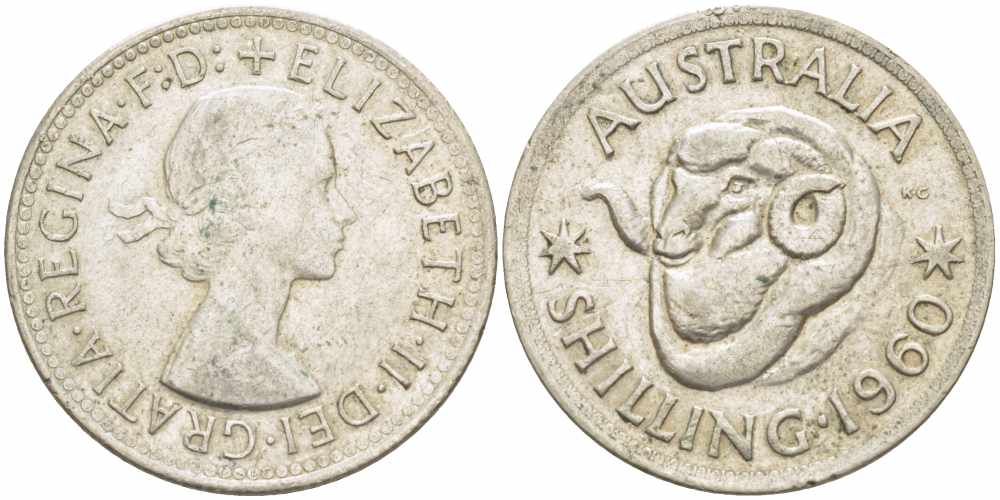 Австралия 1 шиллинг 1960 m, Елизавета II (1952-2022), овца меринос KM 59 серебро 60-1322