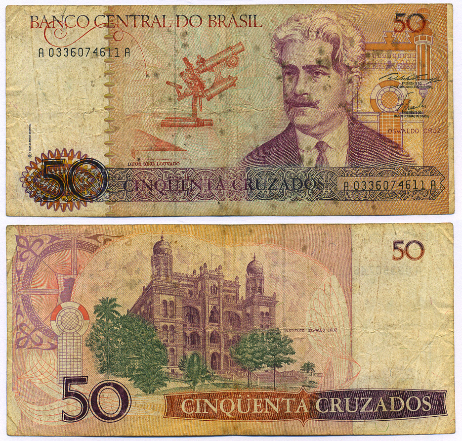 БРАЗИЛИЯ 50 КРУЗАДО 1986 ПОДПИСЬ 23, СЕРИЯ А 0336, ОСВАЛЬДО КРУЗ Pick 210a бумага 8564-48-1