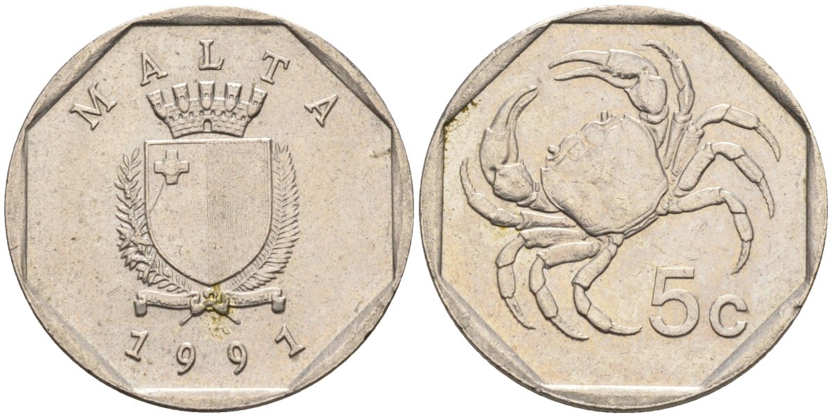 Мальта 5 центов 1991 краб KM 95 медно-никель 4588-116
