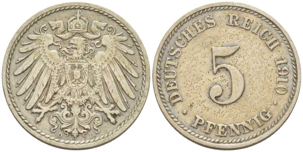 Германия 5 пфеннигов 1910 D KM 11, J. 12, Weege 6 медно-никель 206-961